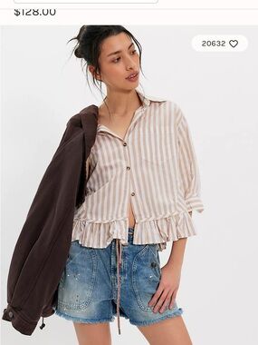 Free People Beige & White Striped Ruffle Hem Button-Down